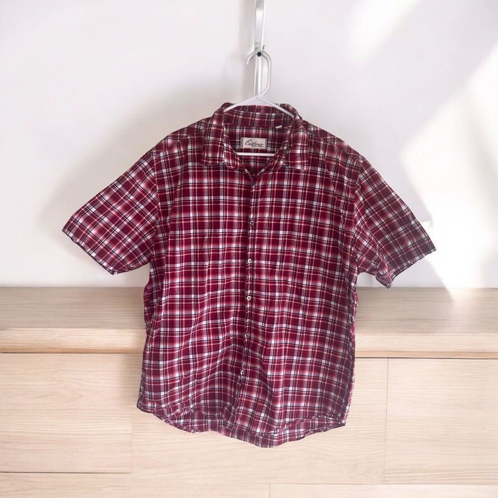 CALIFORNIA SHIRT CO Men's Size XL Button Down Short Sleeve Red Plaid 100% Cotton
